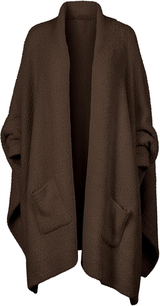Yioaga Wearable Blanket Poncho Fuzzy Sherpa Fleece Shawl TV Throw Plush Cape Wrap Cozy Loungewear with Pockets for Adults