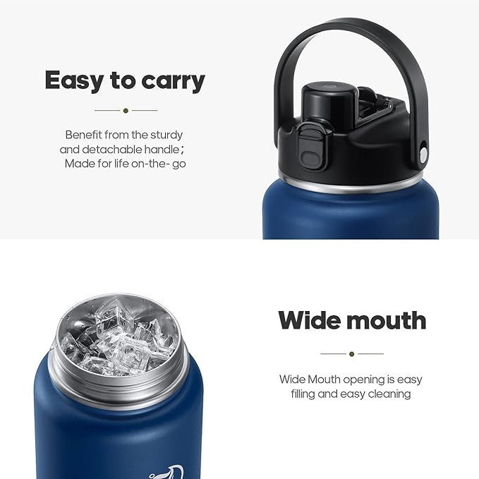 Half Gallon Insulated Water Bottle with 2-in-1 Lid (Chug Lid/Straw Lid), 40/64oz Double Walled Vacuum Stainless Steel Water Bottles, Water Jug with Straw
