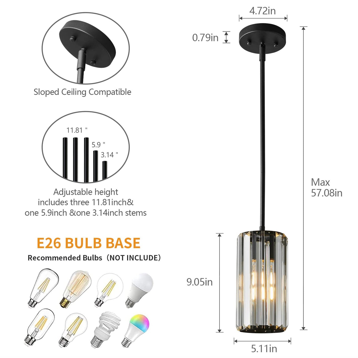 Zhllmq Black Pendant Lighting Modern Pendant Light Mini Crystal Chandeliers Adjustable Pendant Light Fixture For Kitchen Island Dinning Room Corridor Bedroom(Black 2-Pack)