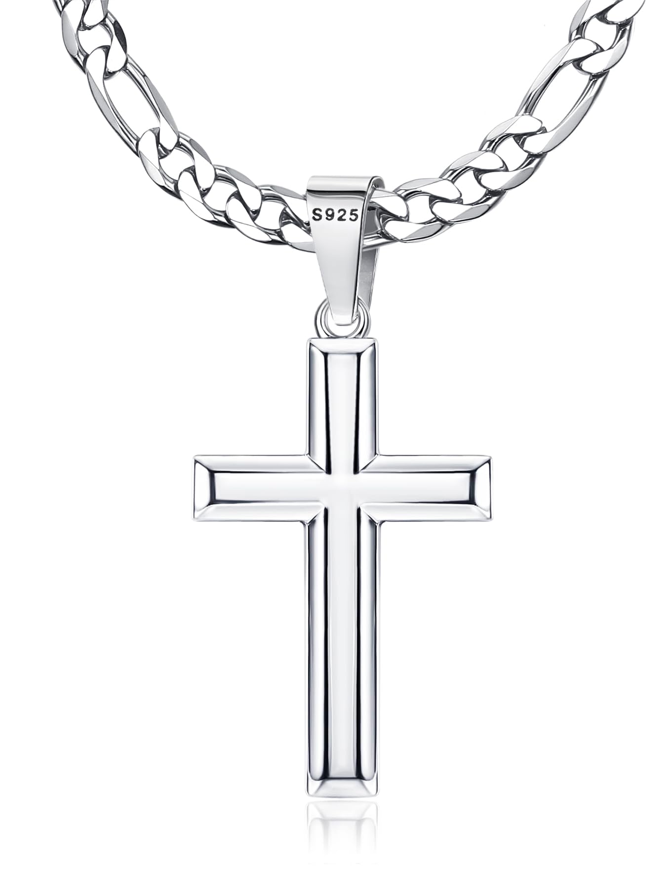 MILACOLATO 925 Sterling Silver Cross Necklace for Men Women, 5mm Durable Stainless Steel Figaro Chain with Big Beveled Edge Ster
