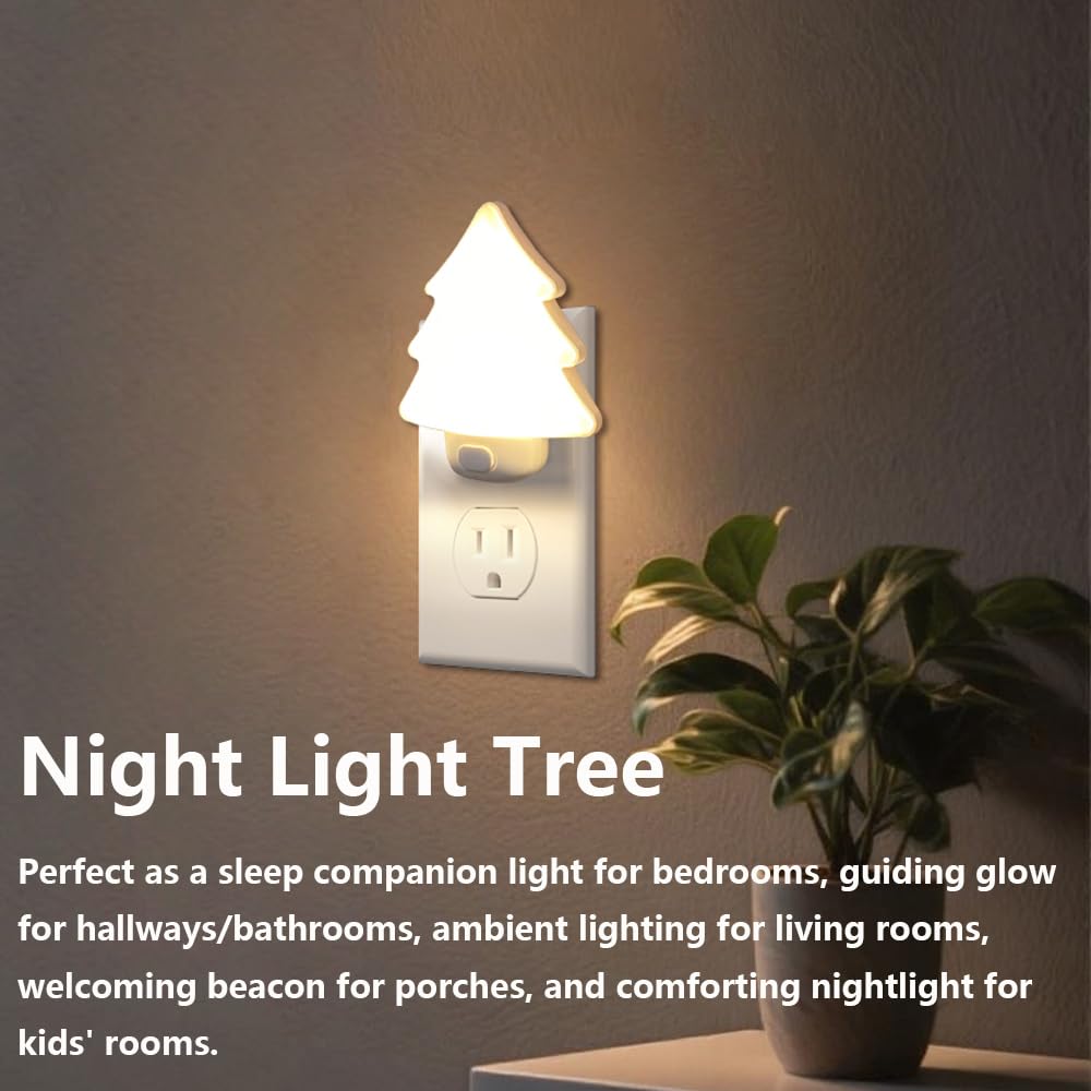 Led Night Light Christmas Tree Lights Plug Into Wall [2 Pack] With Manual On-Off  Dimmable Nightlights Warm/White Wall Art For Home Decor Bathroom Hallway Bedroom Kids Room Apartment  White