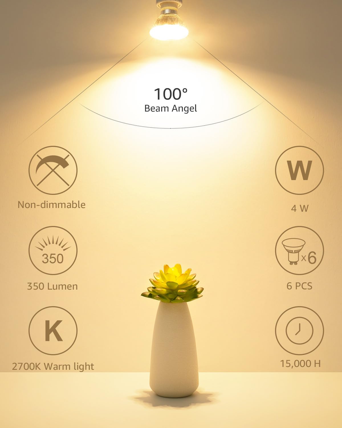 LE GU10 LED Light Bulbs Non-Dimmable 4W 2700K Warm White 6 Pack, Glass, Model 200068-WW-US-a-6, for Recessed