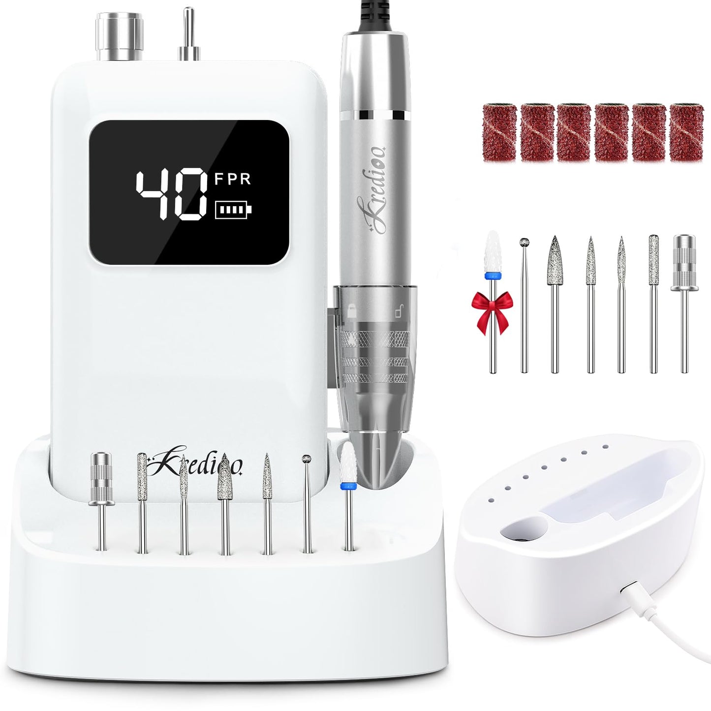 Kredioo Professional Nail Drill Brushless 40,000RPM Rechargeable 2-in-1 Portable Electric Nail File Ultra Silent Salon Must Have