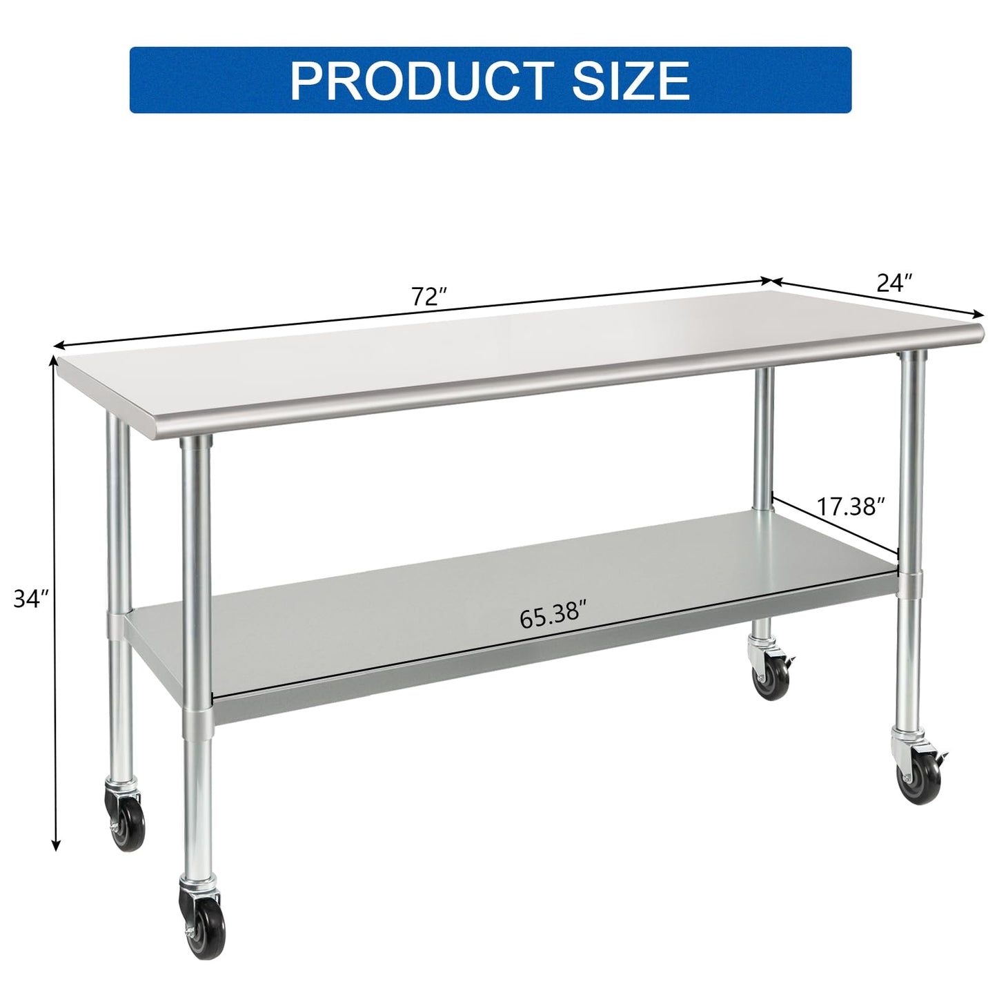 HARDURA Stainless Steel Table with Wheels 24 x 72 Inches Casters NSF Heavy Duty Commercial Work & Prep Table with Undershelf and Galvanized Legs for Restaurant Kitchen Bar and Hotel Garage