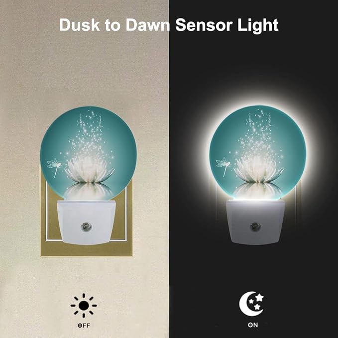 EKOBLA Lotus Night Light, Water Lily in Pond Dragonfly Floral Plug-in Night Lights with Dusk-to-Dawn Sensor for Bedroom Bathroom Living Room 0.5W Sleep Friendly for Women Girls Boys Gift