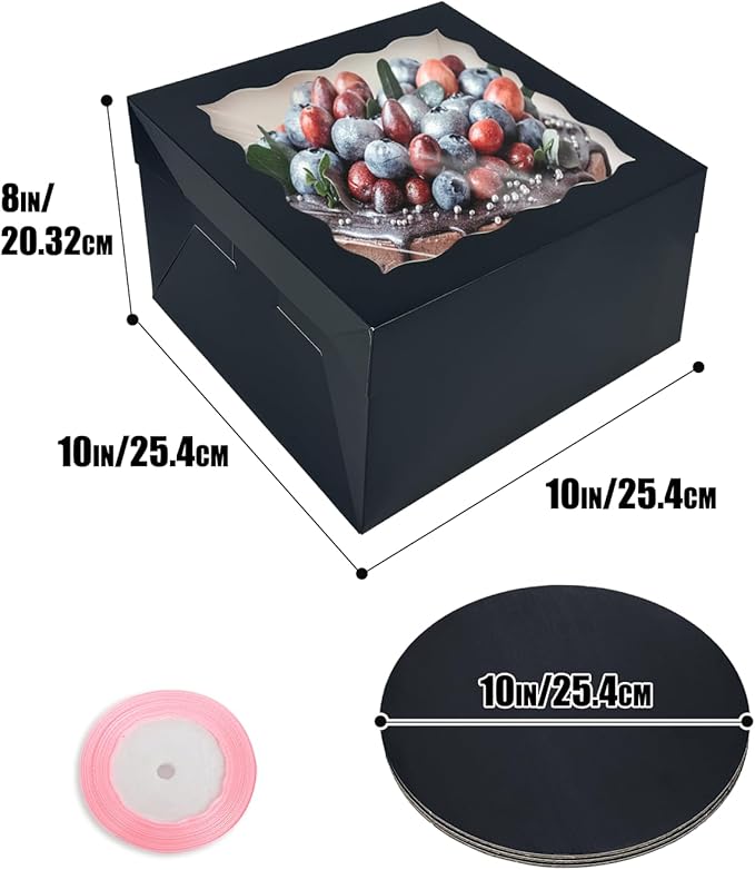 qiqee Black 10x10x8 Cake Box, 18 Sets Cake Box with Window ＆ 18 Sets 10" Cake Round Boards, 10inch Cake Containers, 10 Meters Pink Silk Ribbon Includes