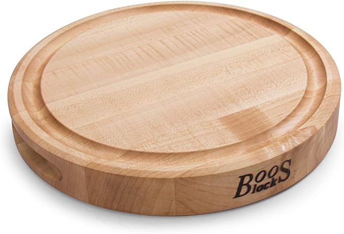 John Boos CB Series Round Wooden Maple Cutting Board 12”x12” – 1.75” Thick, 7-lb Reversible Butcher Block with Juice Groove, Edge-Grain & Finger Grips – Made in the USA