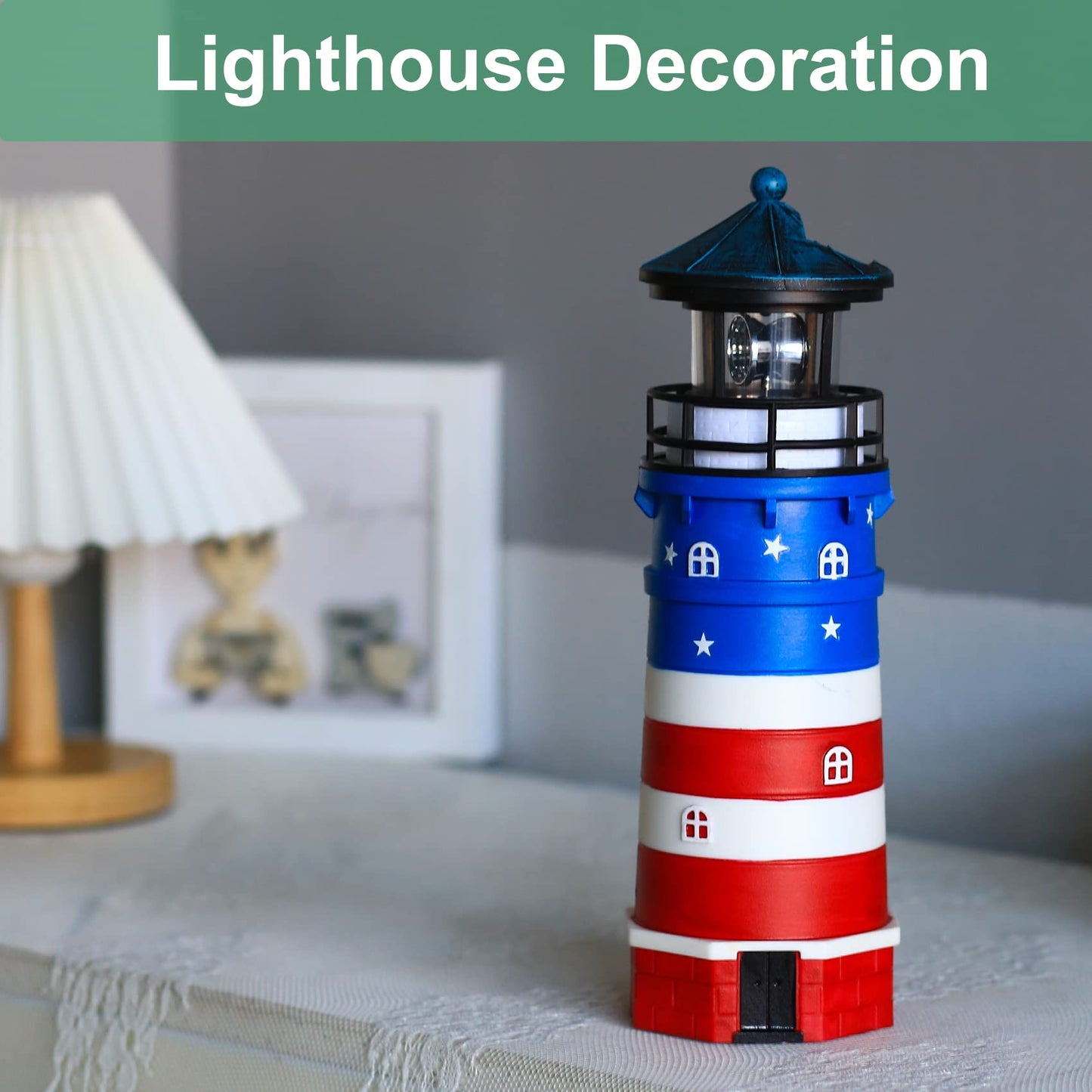WDLFCGC Solar Powered Lighthouse - 12in Rotating Beacon Decoration, Blue Top, Model 3130C