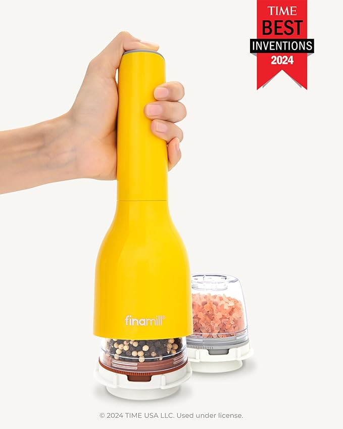 FinaMill Classic Battery Spice Mill – Battery Operated Salt and Pepper Grinder Set, Includes 2 Interchangeable Spice Pods, Adjustable Coarseness, Ceramic Grinder, LED Light, Kitchen Gifts for Women