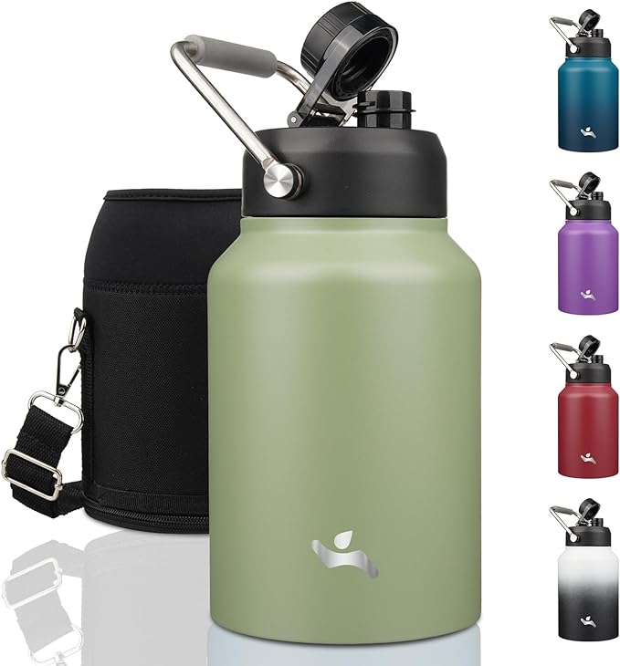 Half Gallon Jug with Handle,64 oz Insulated Water Bottle with Carrying Pouch,Double Wall Vacuum Stainless Steel Metal Bottle,Camp Green