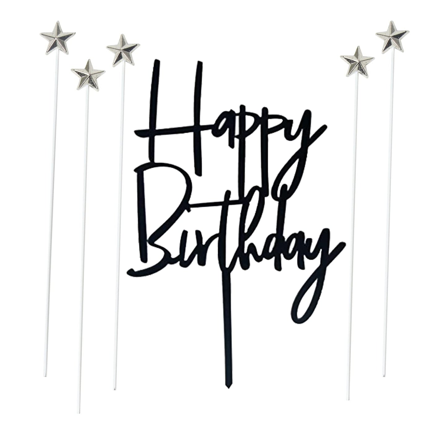 Set of 1 Black Acrylic Happy birthday Cake Topper 5 pcs silvery Star Cake Cupcake Topper(Black 1)
