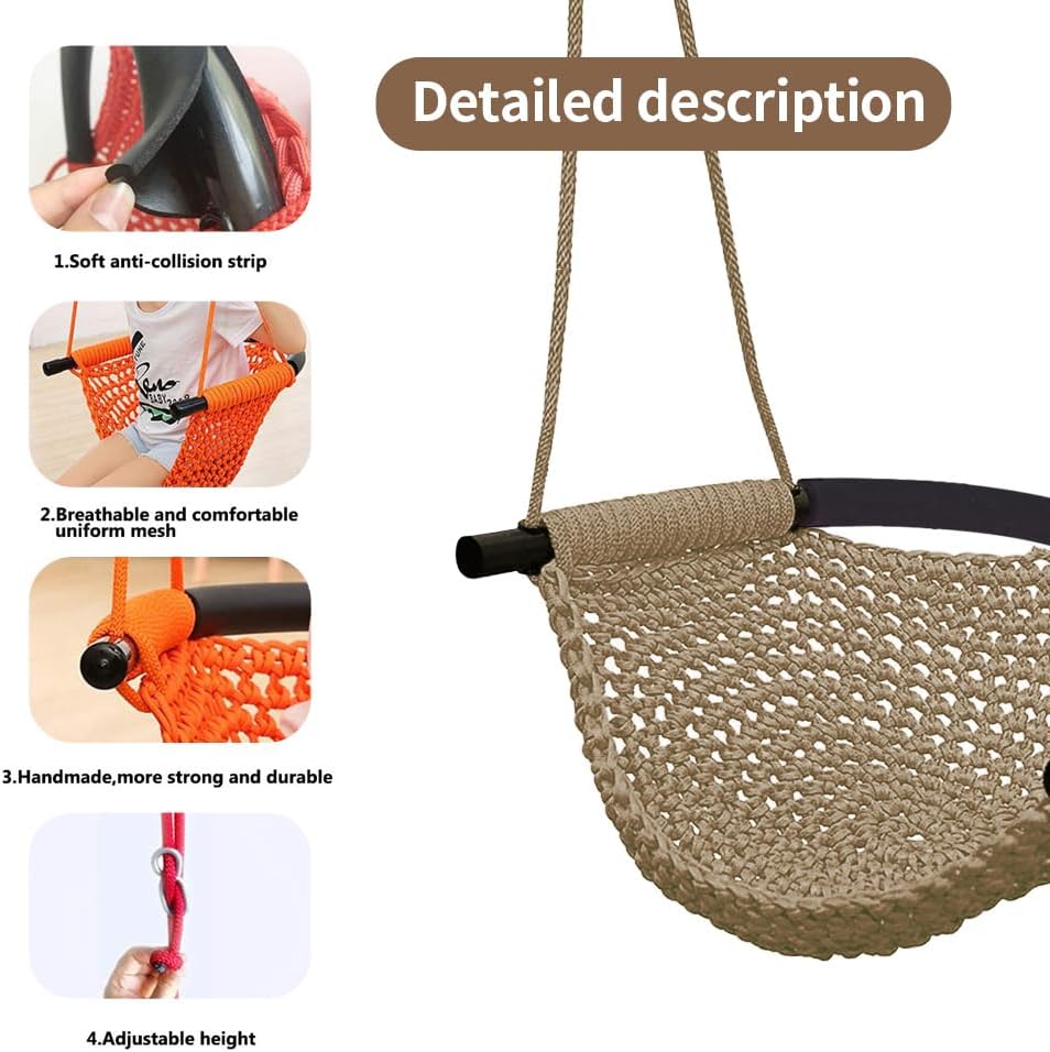 Hand-Knitting Toddler Swing, Swing Seat for Kids with Adjustable Ropes, Little tikes Swings Set, for Outdoor Indoor, Playground, Backyard (Light Brown)