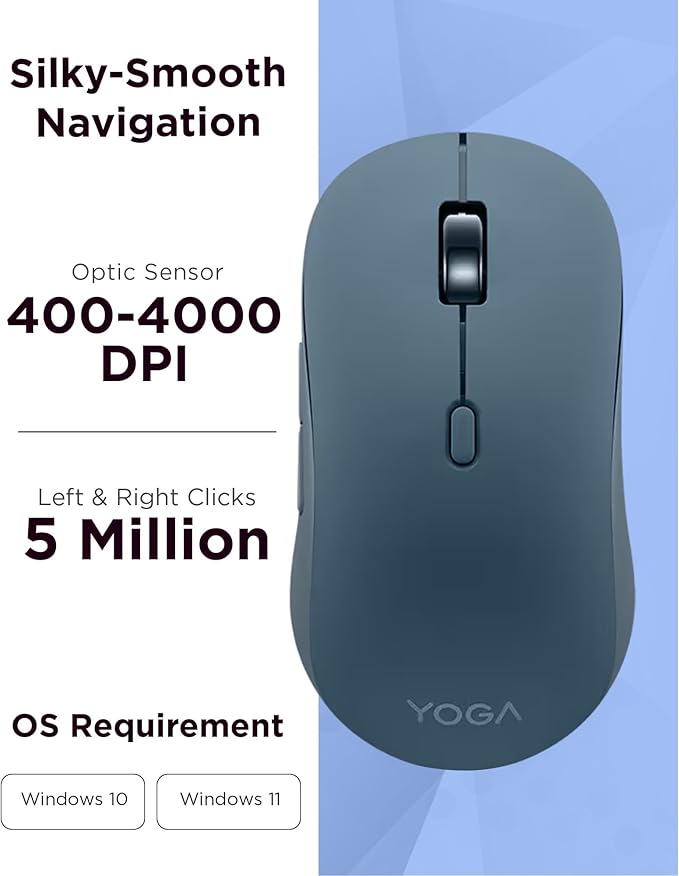 Lenovo Yoga Bluetooth Silent Mouse, 3 Level DPI Adjustment, 36 Month Battery Life, Bluetooth 5.3, 3 Device Paring, Whisper Quiet, Programmable Buttons, Smooth Finish, Tidal Teal