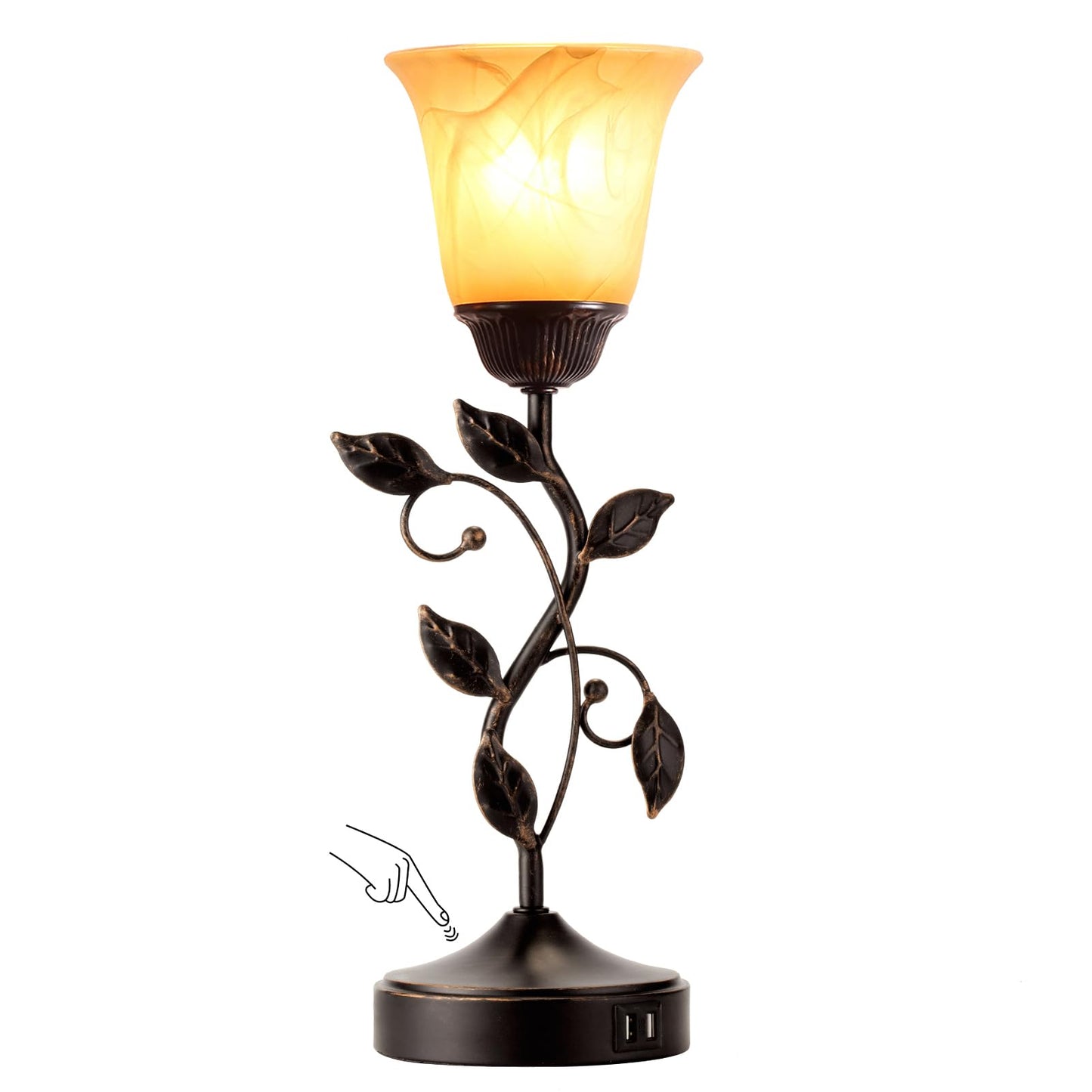 RORIANO Touch Control Table Lamp, 3-Way Dimmable, Amber Glass Shade, Metal Leaf, Bronze Finish, Model TT-8832-MM