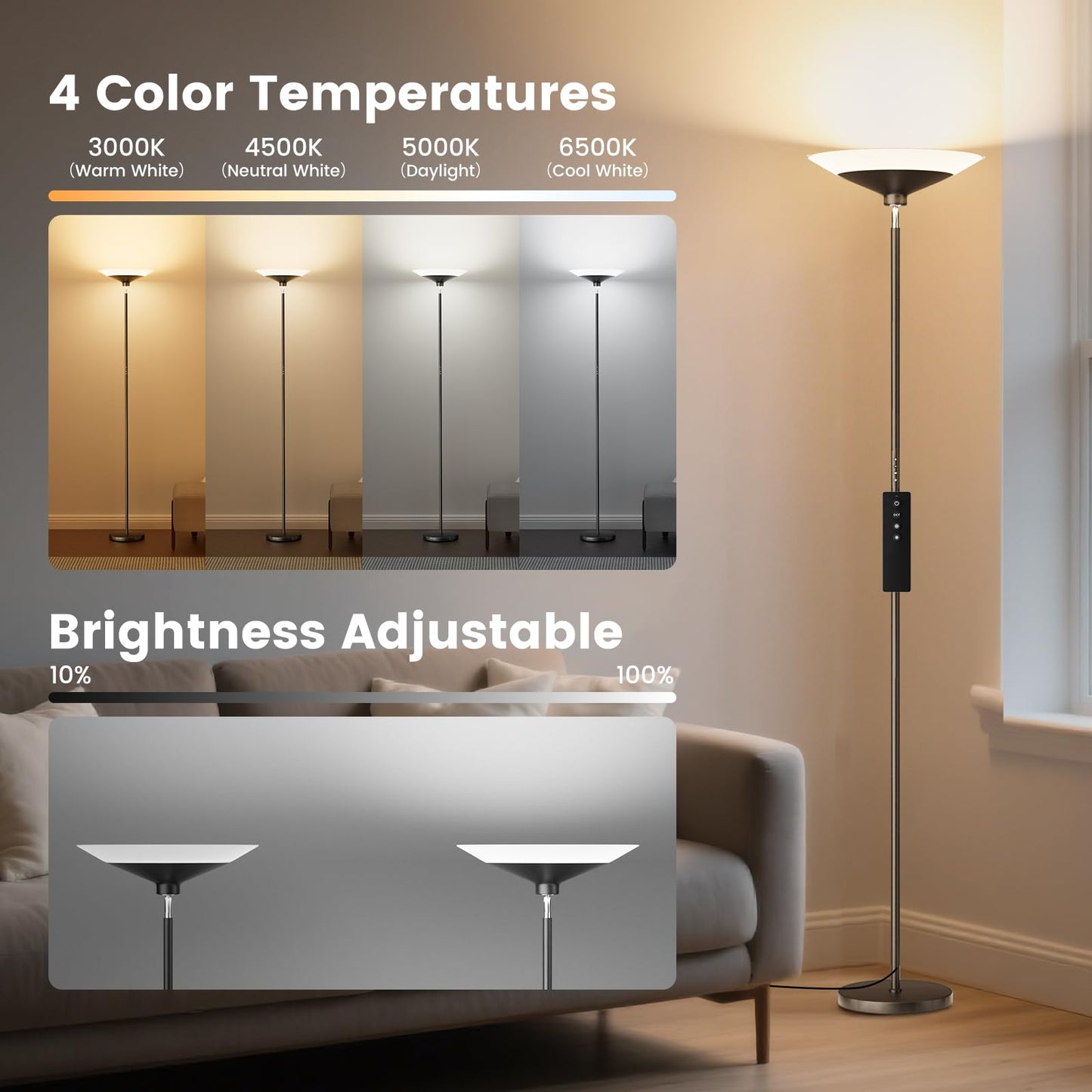 SIBRILLE Torchiere Floor Lamp 72in Tall LED 1800Lm Dimmable Black MF30021