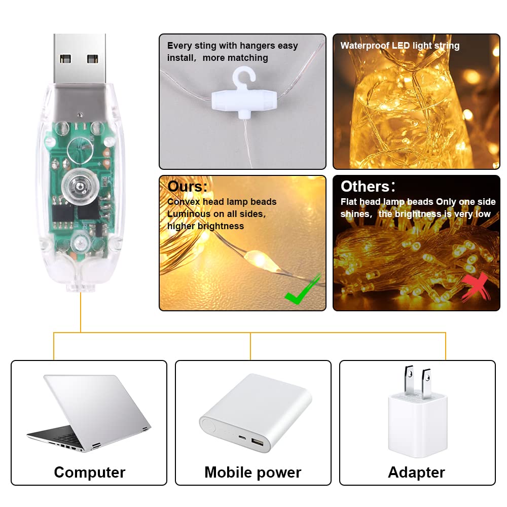 Vicloon Fairy Curtain Lights, 300 LED Warm White, 9.8×9.8Ft, Waterproof, USB Powered, Remote Control, Model 9V98