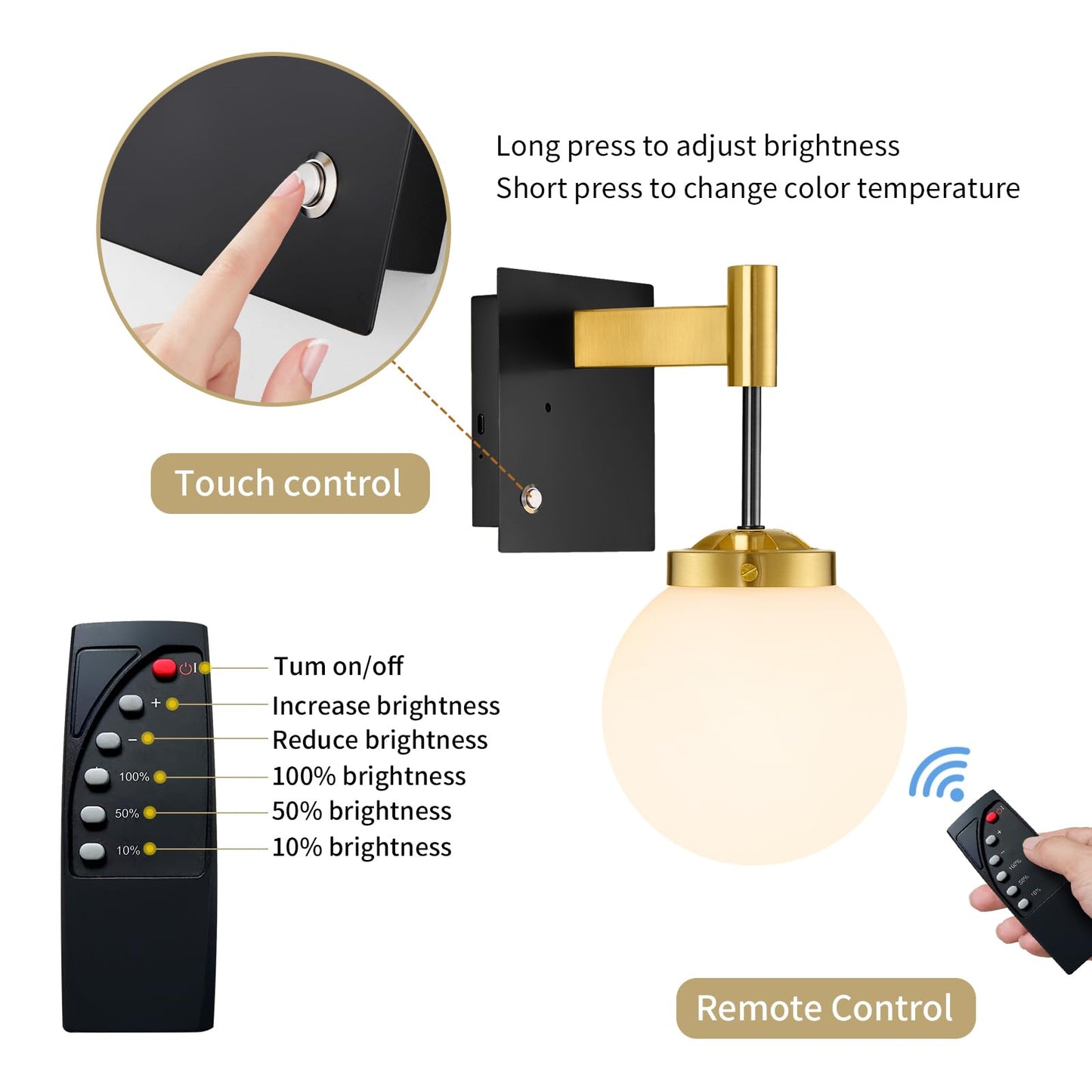 Rayogale Rechargeable Battery Wall Sconce - Wireless, Dimmable, Timer, Remote, Touch Control, Metal, Black Gold, 2 Pack, Model WL-7102-BG-2