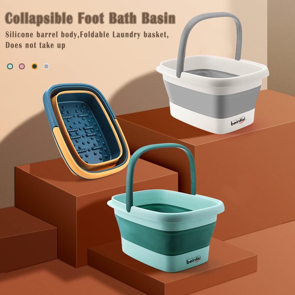 Collapsible Foot Bath Basin for Soaking Feet,Foot Soak Tub,Plastic Foot Bucket with Handles and Massage Acupoint,Foldable Laundry Basket-Gery-1 Pack