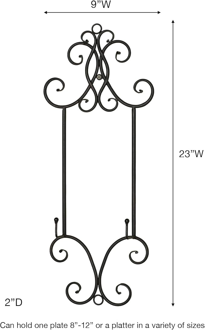 Kanya Black Single Wall Mount Plate Rack | One Plate Decorative Holder | Plate Display Easel | Openwork Scrolls | Traditional Classic Metal Plate Racks | Platter or Plate Stand | Kitchen | Dining Room