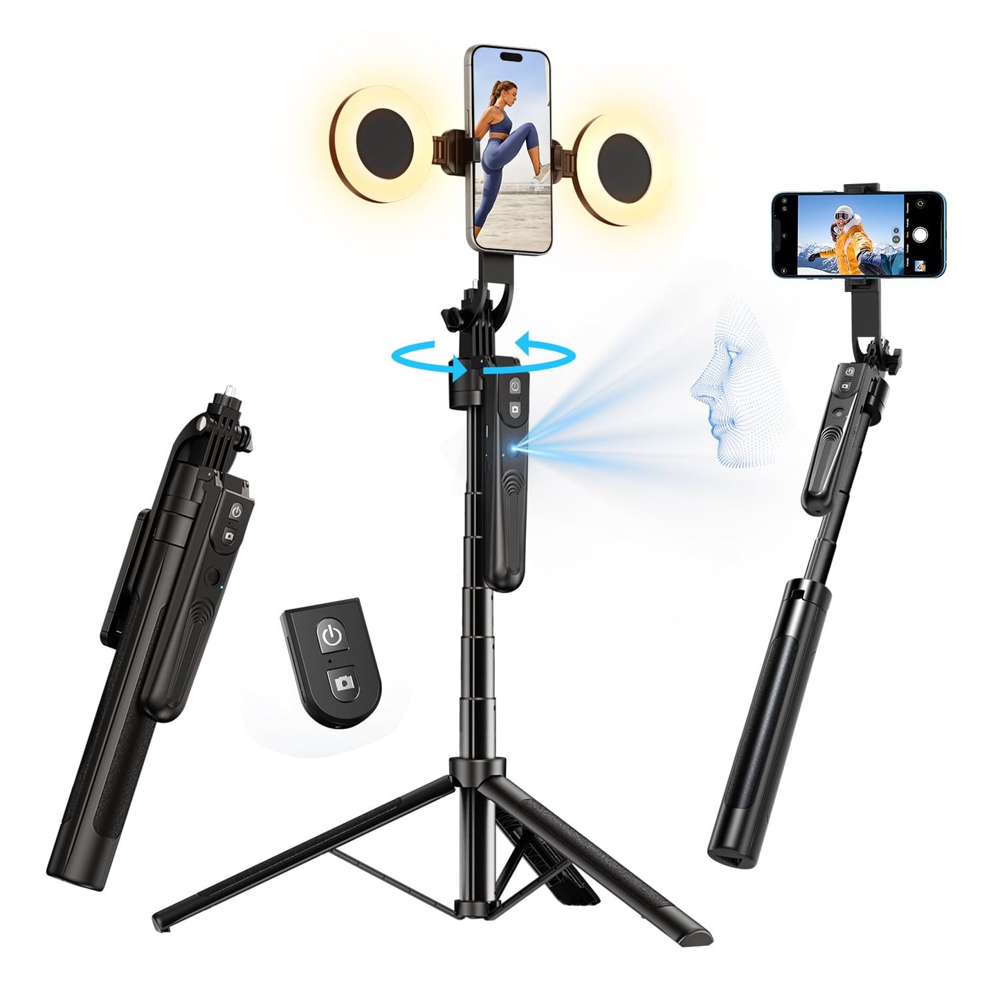 Yayusi 70.9 Auto Face Tracking Selfie Stick Tripod For Iphone With Light, No App, 360 Rotation Tripod That Follows Your Movement