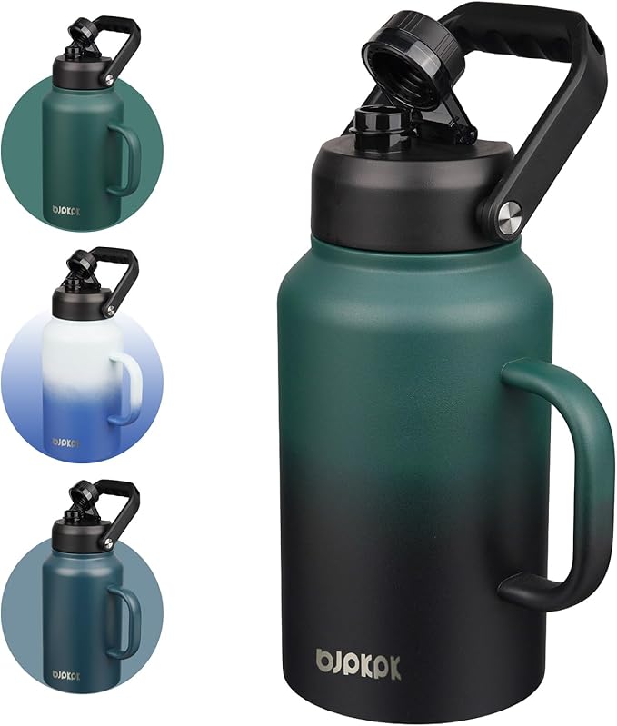BJPKPK 87oz Insulated Water Bottle with Handle, Large Dishwasher Safe 2/3 Gallon Water Bottle, BPA Free Water Jug, Wide Mouth Metal Flasks with Anti-slip Bottom, Army Green & Black