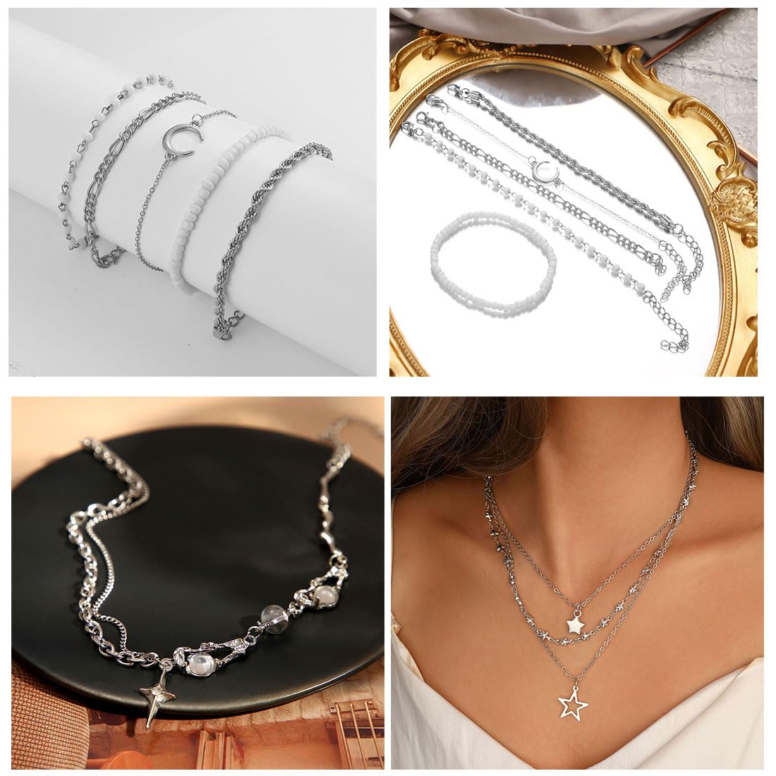IFNODO 37pcs Silver Jewelry Set With 3 PCS Necklace, 14 PCS Bracelet, 7 PCS Ear Cuffs Earring, 6pcs Hoop Earrings,7pcs silver rings set For Women For Birthday Gifts (1009-1SL)