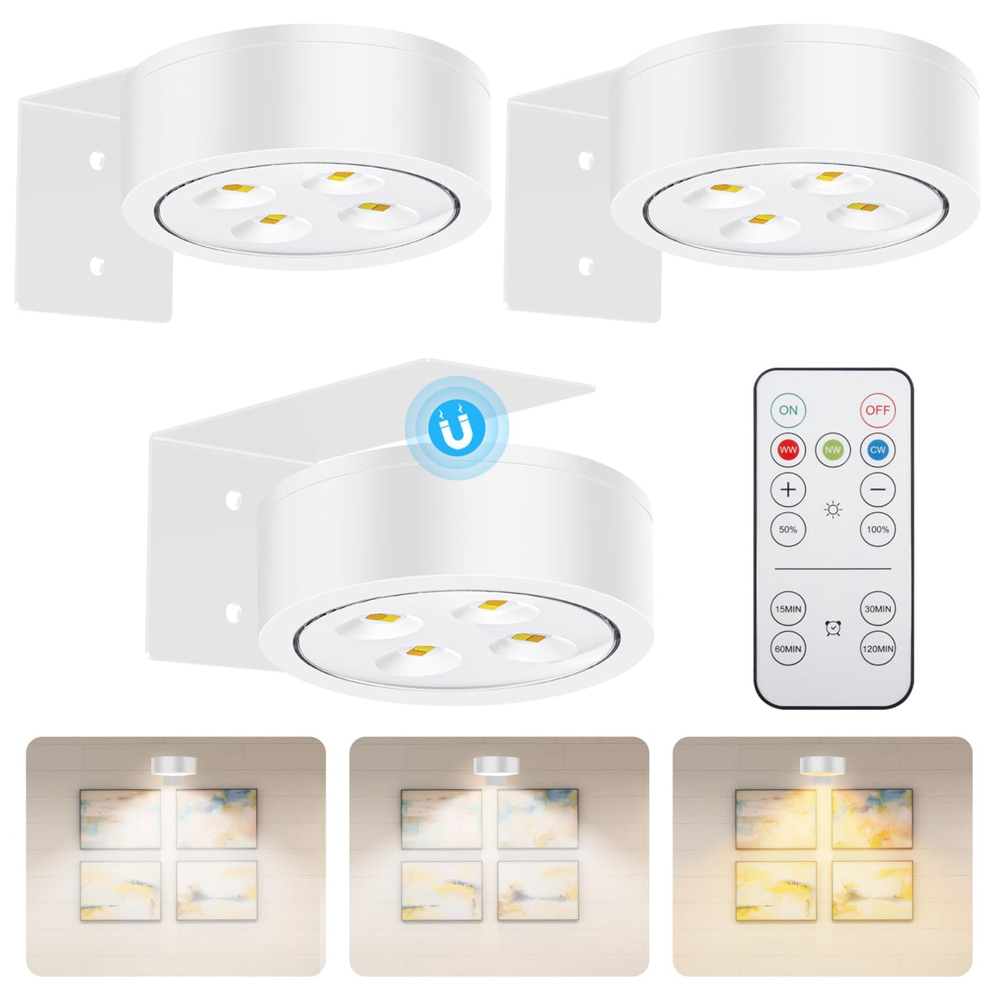 Libuam Wireless Battery Operated discomfort-reducingting Light With Remote Control 3 Lighting Modes Magnetic Led Art Display Light For Picture Frame  Dimmable And Timer  Wall Decor Display Light 3Pack White