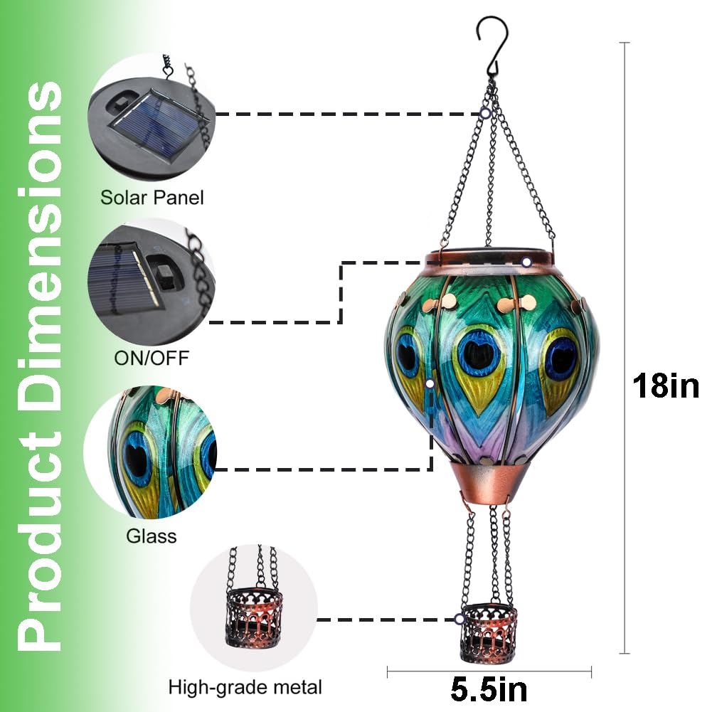 teyigarden Hot Air Balloon Solar Lantern, Glass, 18in H ? 5.5in W, Peacock Feather-Green, Model SL-6069082030