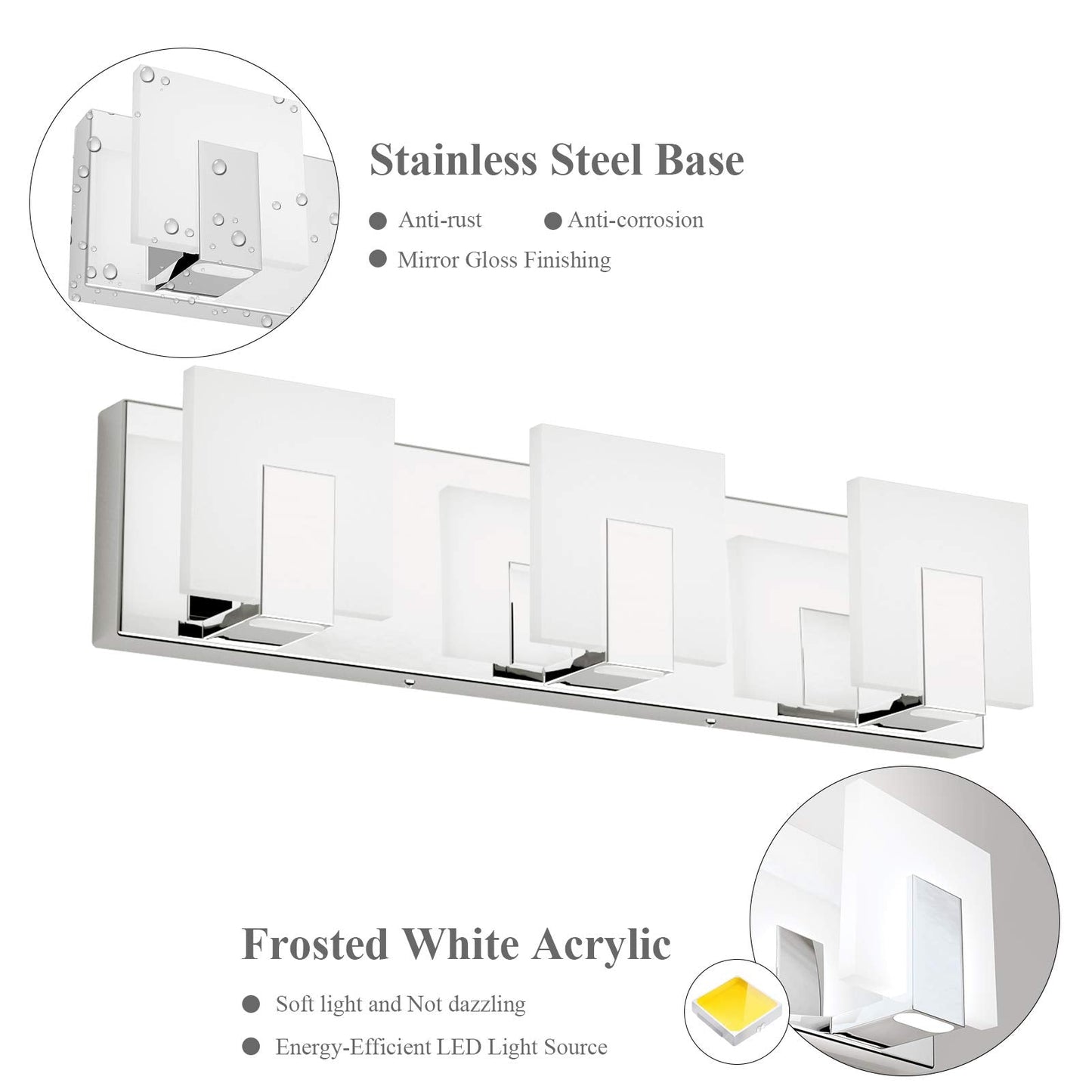 Aipsun 3-Light Dimmable Led Vanity Light, Frosted White Acrylic & Chrome, Model Ca-1105-3T-D, 6000K For Bathroom Over Mirror
