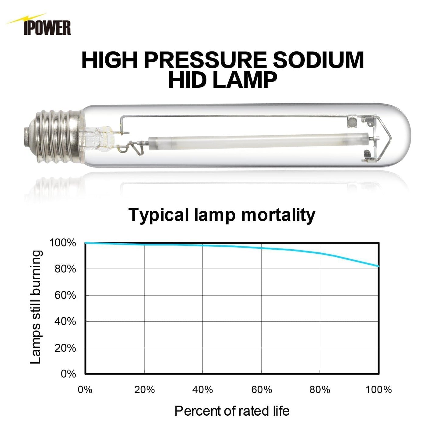 iPower 600W HPS Grow Light Bulb, Glass, Enhanced Red/Orange Spectrum, 2100K, White