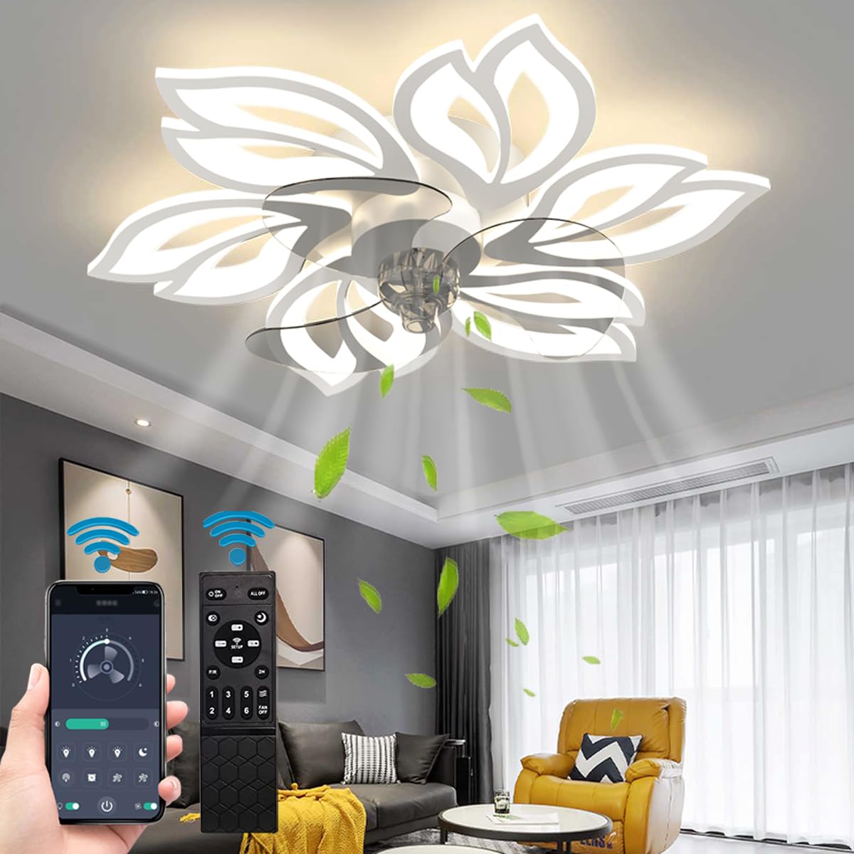 BESKETIE 25.6" Bladeless Ceiling Fan with Lights Remote Control, Modern Low Profile Ceiling Fans with Lights Flush Mount, Dimmable 3 Color 6 Speeds LED Fan Lamp Indoor for Bedroom, Living Room -White