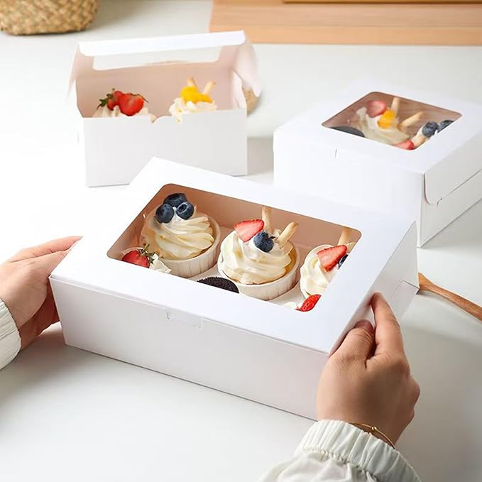 Cupcake Boxes 6 Count, Disposable Cupcake Containers, Food Grade Carrier with Window and Inserts for Cupcakes Muffins Cookies Pastries Donuts (Kraft Brown, 30 Pack)
