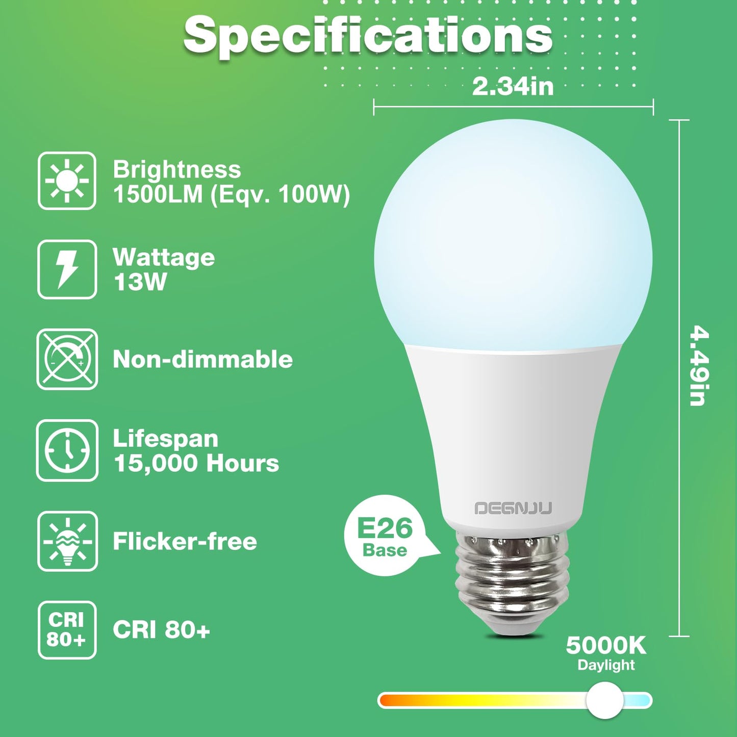 DEGNJU LED Light Bulbs, 100 Watt Equivalent LED Bulbs A19, 5000K Daylight Light Bulb, 1500 Lumens, E26 Standard Base, Non-Dimmable, 13W Bright White LED Bulbs for Bedroom Home Office, 12 Pack
