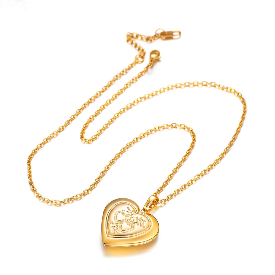 U7 Women Locket Necklace 18K Real Gold Plated Link Chain Heart & Heart Pendant for Photo