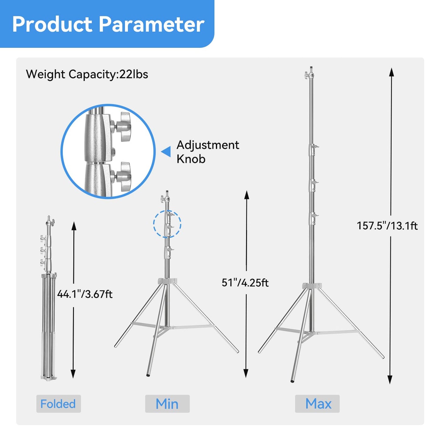 Heavy Duty Light Stand Photography 13.1ft/157", Stainless Steel Photography Light Stand Tripod with Spring Cushioned,1/4" 3/8" Universal Screw, Fit for Strobe,Video Light, Softbox, Reflective Umbrella