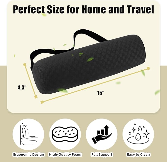 Lumbar Roll Pillow for Lower Back, Lumbar Support Foam Roll Cushion with Pillowcase and Upgraded Strap for Office, Chair, Car, Seat Pain Relief & Improving Posture (Black, Long-15 * 4.3'')