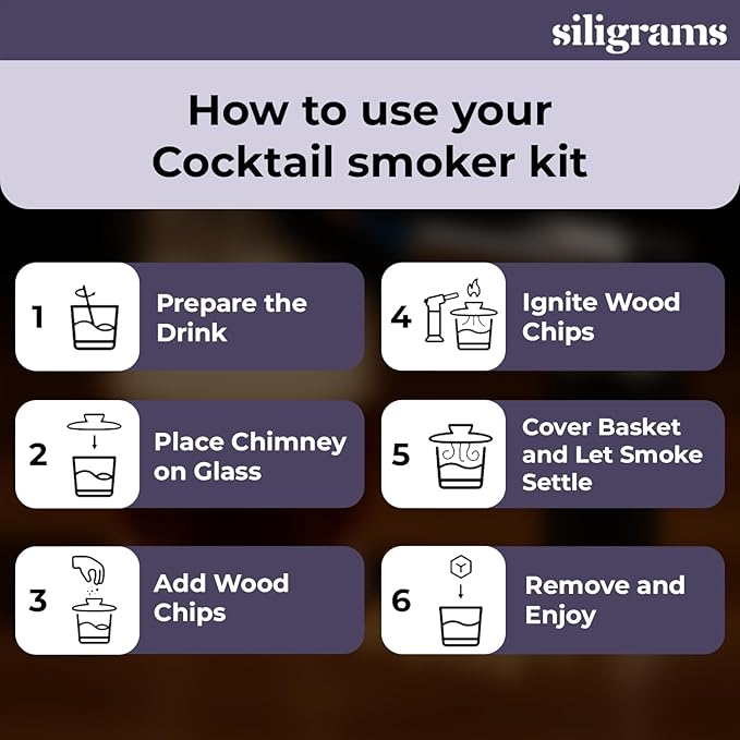 Siligrams Cocktail Smoker Set | Premium Bourbon Smoker Kit for Whiskey, Old Fashioned, and Cocktails | Includes Butane Torch (Butane Not Included) & Wood Chips | Smoker Drink Kit & Smoke Whiskey Kit