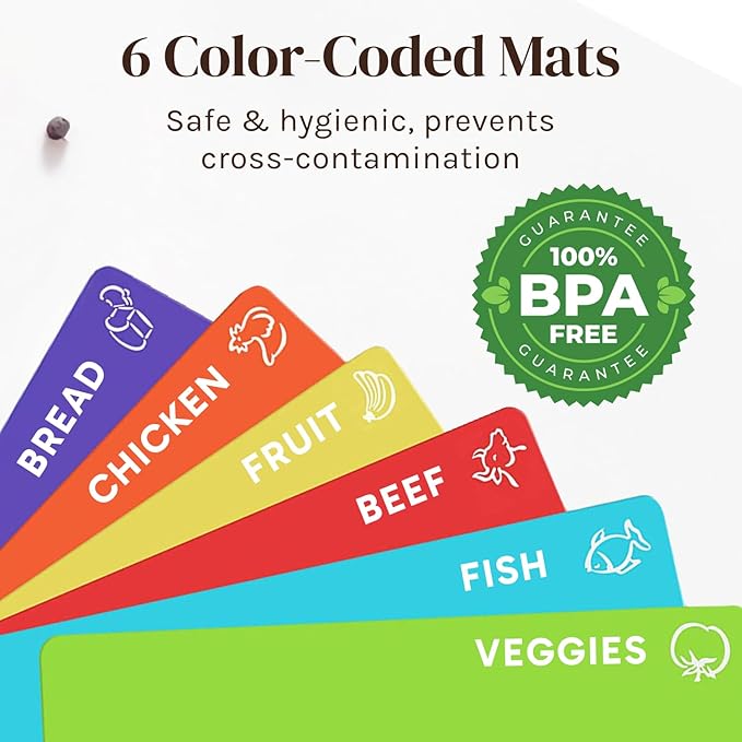 Cooler Kitchen Cutting Boards for Kitchen – Checkered Bamboo Cutting Board Set with 6 Color-Coded Flexible Chopping Mats, Easy Clean Wood and Dishwasher-Safe Plastic, Large 17×12, Knife-Friendly