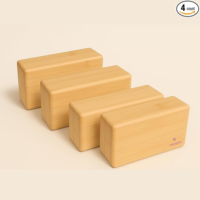Yogikuti Bamboo Yoga Block Set of 4 – Premium Wooden Support Block for Iyengar Yoga, Pilates and Fitness – Lightweight, St...