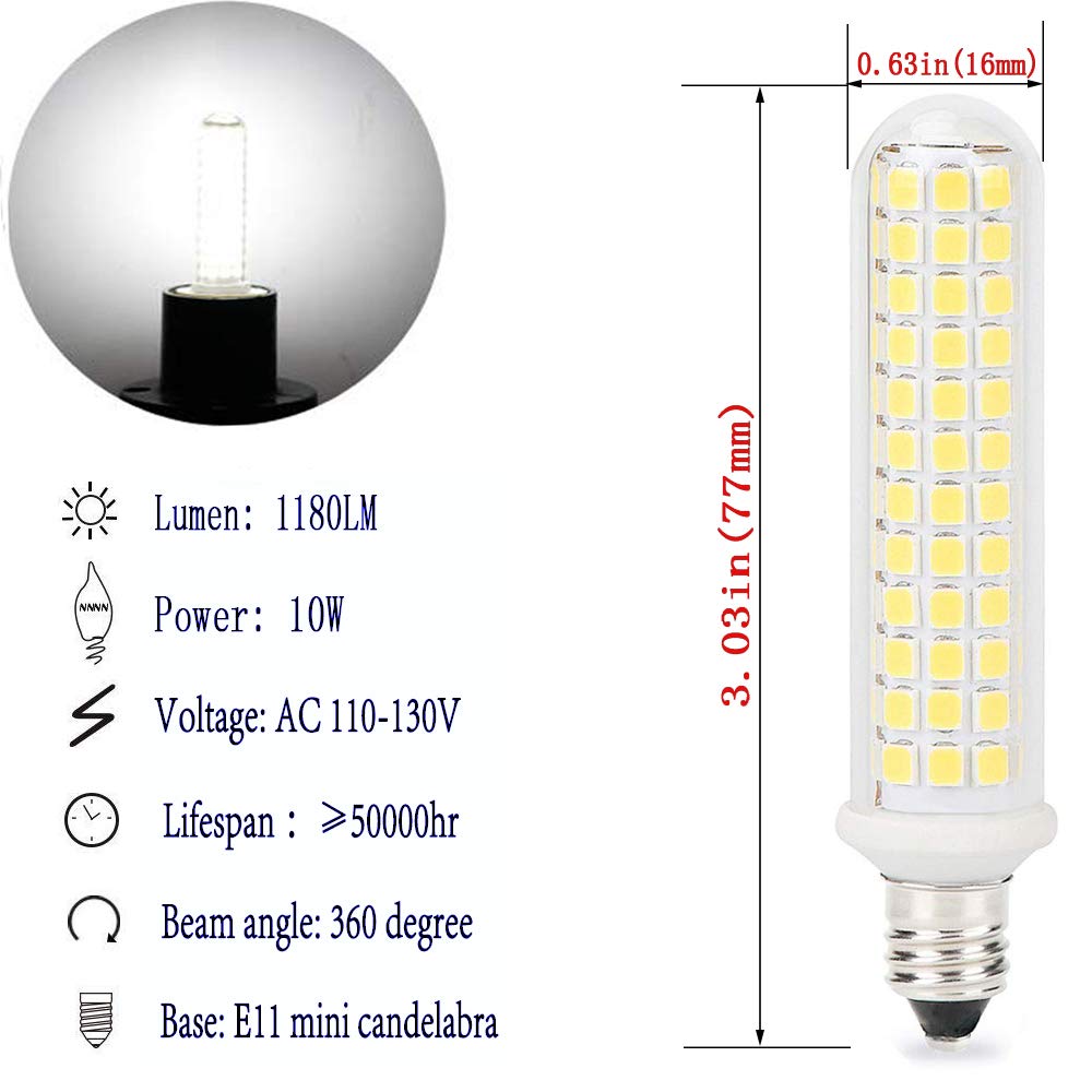 QHD E11 LED Bulb - 100W Equivalent, 10W 1100lm, Mini Candelabra Base, White 6000K, Pack of 2