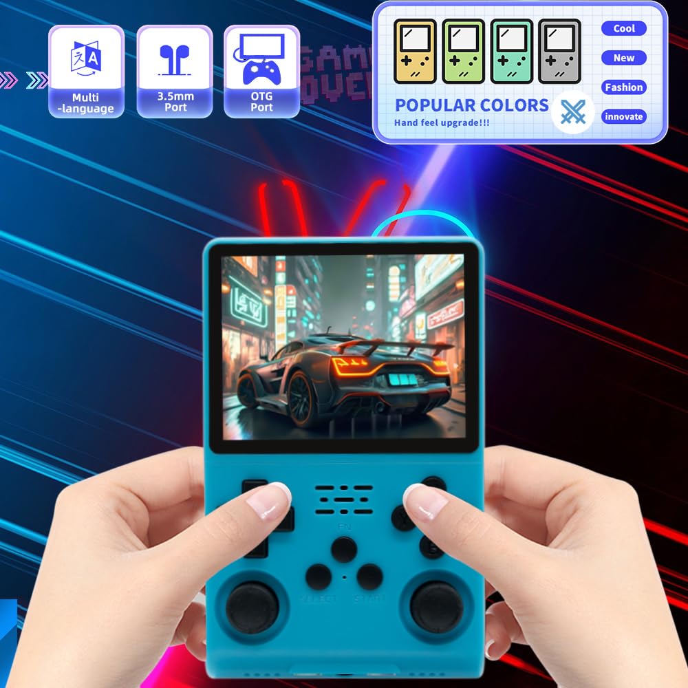 R40S Pro Handheld Game Console 3.5-in 640*480 IPS OCA Screen ArkOS 2.0 RK3326 r40spro with Portable Case Blue-64GBVer.