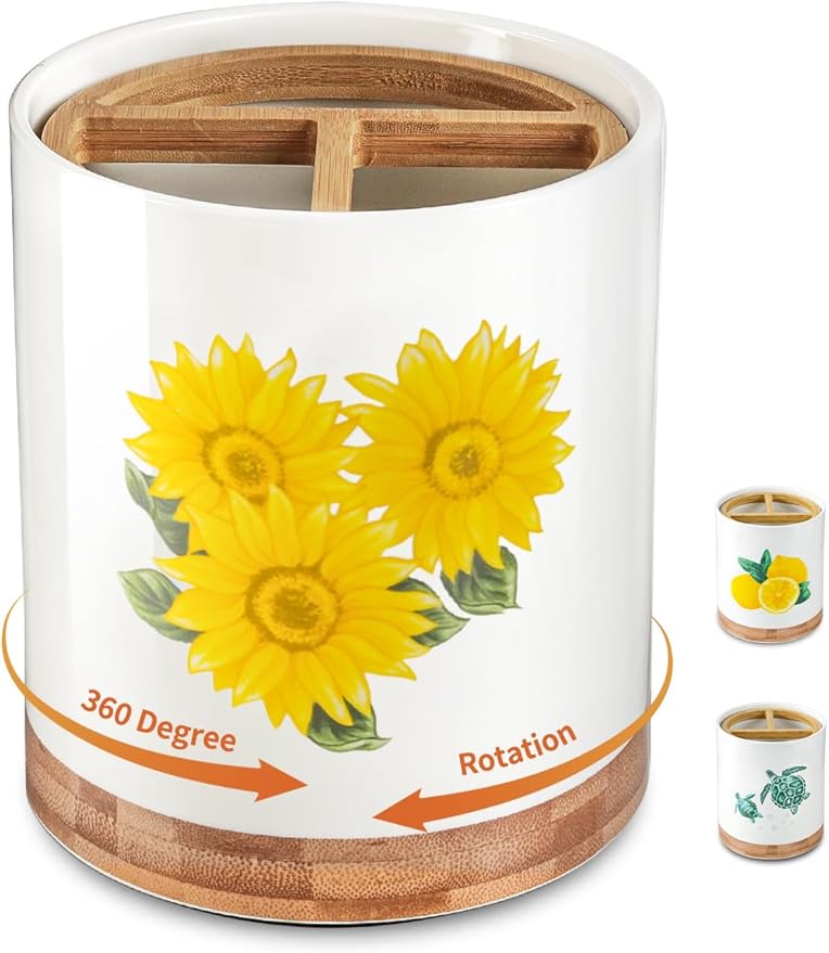 HAPPY KIT 7.6″ Extra Large Kitchen Utensil Holder, 360° Rotating Utensil Holder for Kitchen Counter with 3 Removable Compartment, Housewarming Gift & Farmhouse Decor(Sunflower)
