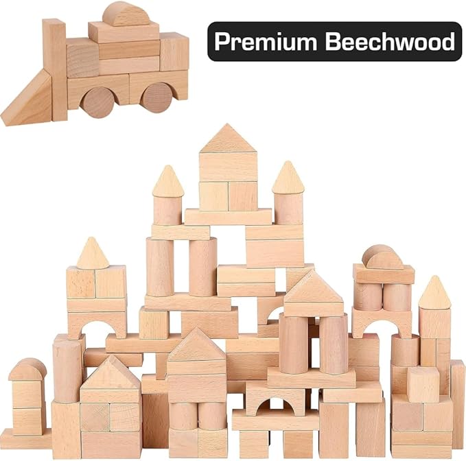 Pidoko Kids Wooden Blocks - 100 Pcs - Building Blocks for Toddlers - Includes Storage Container with Shape Sorter Lid - Natural Beech Wood Blocks - Preschool Learning Toys Stacking Block
