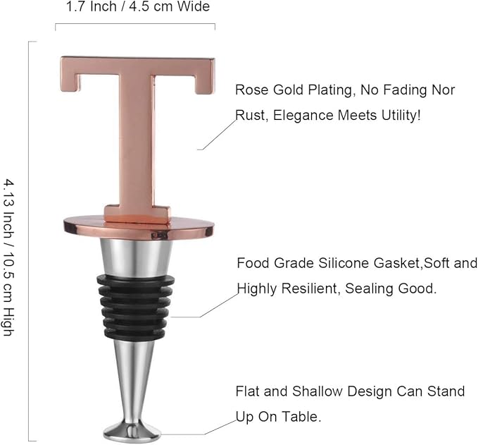 Miicol Wine Stoppers for Wine Bottles Toppers, Monogramm Cute Wine Accessories Gifts for Family Friends Women or Engagement Decorative, First Name Initial Letter T, Rose Gold