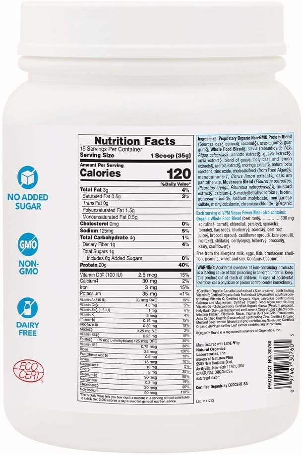 Natures Plus VPM Protein, Unflavored - 1.16 lbs - with Quinoa, Pea & Coconut Protein - Organic, Vegan, Soy & Gluten Free - 15 Servings