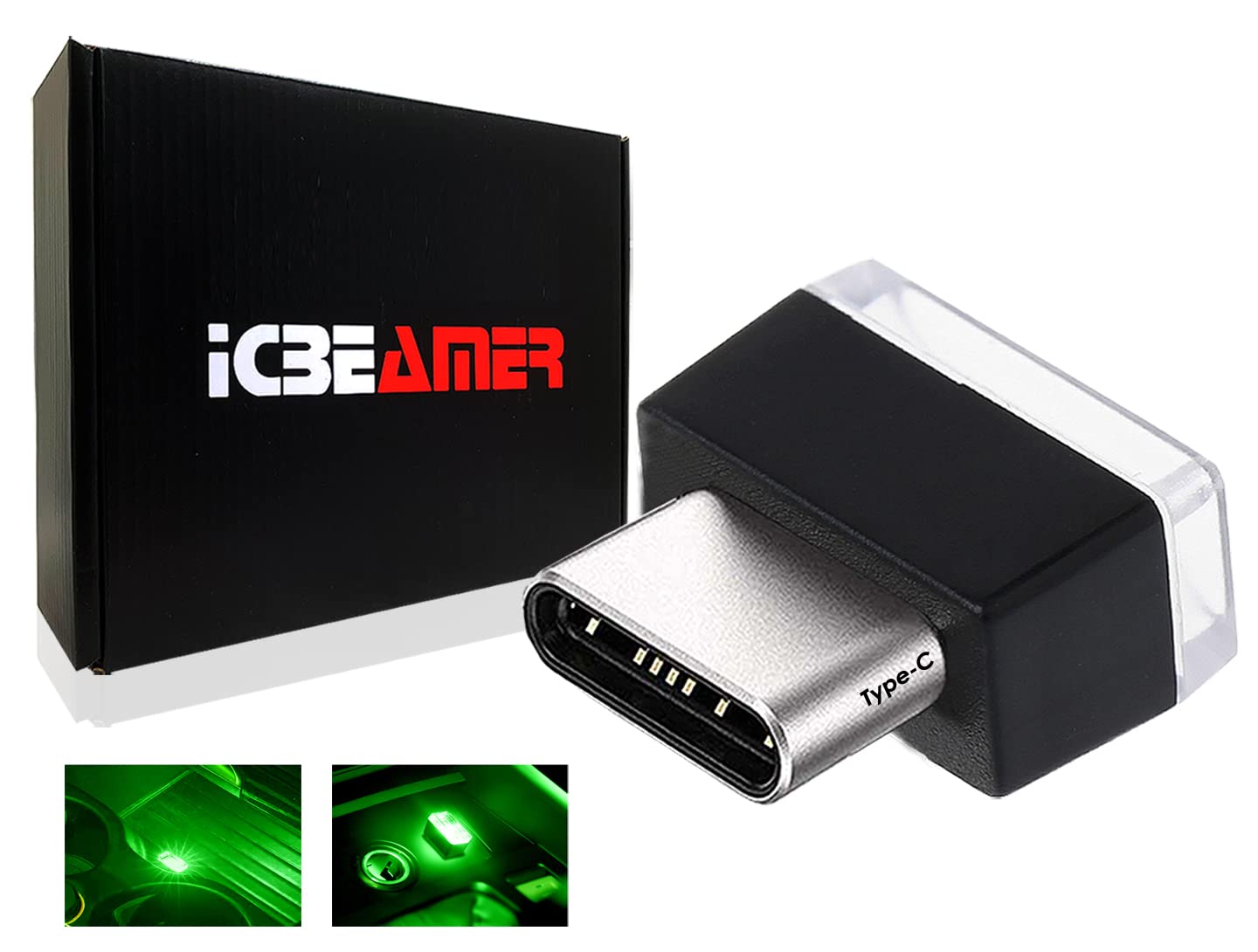 ICBEAMER Type C Adapter Atmosphere Light, Mini USB Night Light, Green, Model TYPE-C-GN-AMA