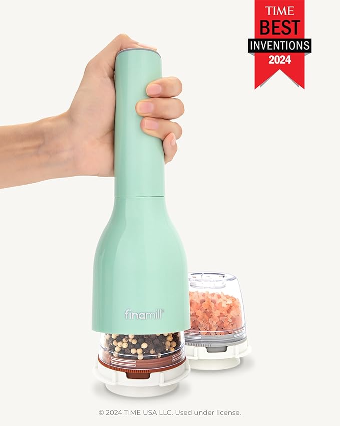 FinaMill Classic Battery Spice Mill – Battery Operated Salt and Pepper Grinder Set, Includes 2 Interchangeable Spice Pods, Adjustable Coarseness, Ceramic Grinder, LED Light, Kitchen Gifts for Women