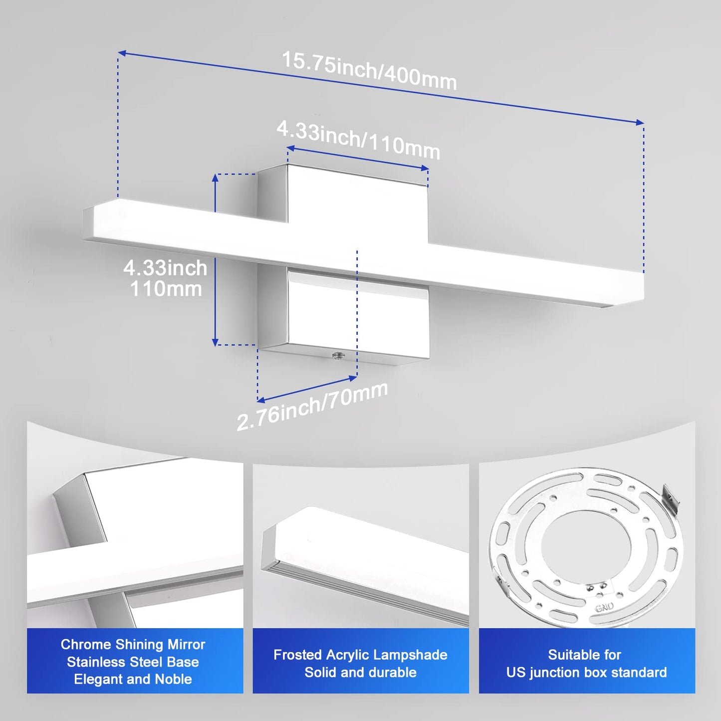 Combuh Bathroom Light Fixture - 16 Inch Chrome Vanity Light Bar, Acrylic, Cool White 6000K, Model 26895374
