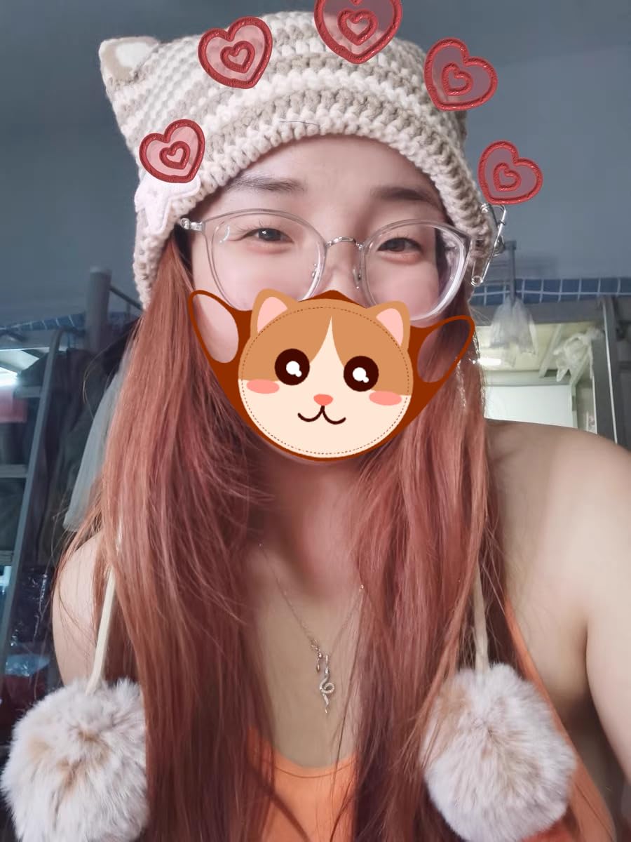 Women Y2K Cat Ear Beanie Hat with Pom Poms Star Accessories Goth Grunge Crochet Knitted Slouchy Skully Caps Alt Emo Clothes (Khaki-Beige)