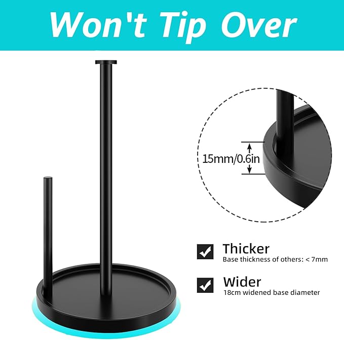 Paper Towel Holder Countertop, Standing Paper Roll Holder with Anti Slip Weighted Base, Stainless Steel Freestanding Paper Towel Holder for Kitchen, Black
